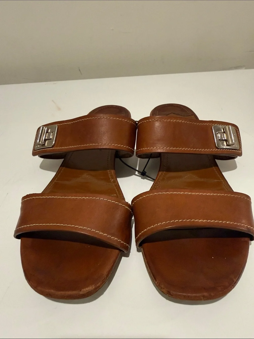 PRADA Tan Brown Leather Double-Strap Slide Sandals - Picture 3 of 14